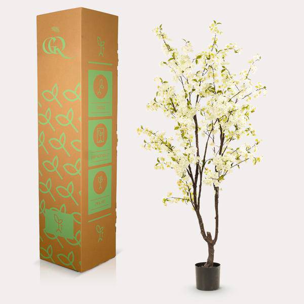 Künstliche Kirschblüte Prunus – Weiß – ca. 210cm hoch – Realistische Deko-Kunstpflanze – Wartungsfrei – Für Wohnzimmer, Büro & Eingangsbereich 