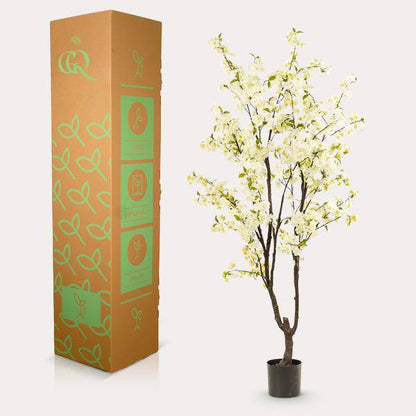 Künstliche Kirschblüte Prunus – Weiß – ca. 210cm hoch – Realistische Deko-Kunstpflanze – Wartungsfrei – Für Wohnzimmer, Büro & Eingangsbereich 