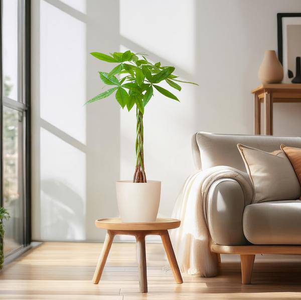 Pachira Aquatica Geldbaum Glückskastanie ca. 80cm mit geflochtenem Stamm im weißen Viber Biotopf Ø21cm – Zimmerpflanze für Wohnung Büro Wohnzimmer 