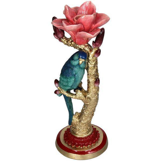 Kerzenständer aus Kunststein – Vogel & Blume – Kerzenhalter Polyresin – 27 cm – Dekorativer Kerzenständer mit blauem Vogel und roter Rose 