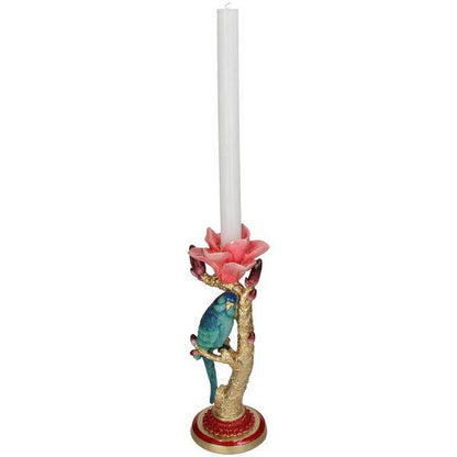 Kerzenständer aus Kunststein – Vogel & Blume – Kerzenhalter Polyresin – 27 cm – Dekorativer Kerzenständer mit blauem Vogel und roter Rose 