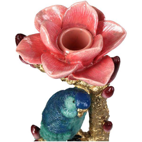 Kerzenständer aus Kunststein – Vogel & Blume – Kerzenhalter Polyresin – 27 cm – Dekorativer Kerzenständer mit blauem Vogel und roter Rose 