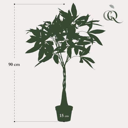 Geldbaum Pachira Aquatica – Künstliche Zimmerpflanze – ↕90 cm – Realistischer Doppelstamm & große glänzende Blätter – Pflegefrei 