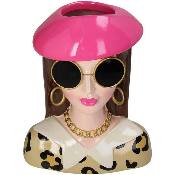 Vase Fashion Lady 'Sommer' – Dekorative Kopf-Vase – Polyresin – Rosa Hut & Sonnenbrille – Höhe 29 cm – Künstlerisches Design für stilvolle Räume 