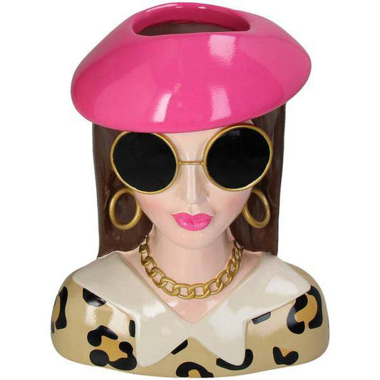 Vase Fashion Lady 'Sommer' – Dekorative Kopf-Vase – Polyresin – Rosa Hut & Sonnenbrille – Höhe 29 cm – Künstlerisches Design für stilvolle Räume 