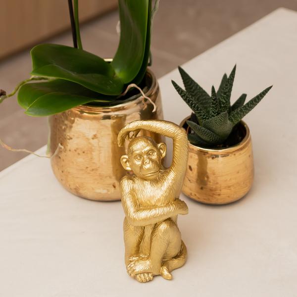 Ornament Dekoskulptur Sitzender Affe – Gold – Handgefertigte Polystone-Figur – 13cm – Verspieltes Dekoaccessoire für Zuhause und Pflanzensets 