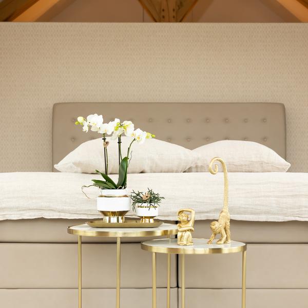 Le Chic Blumentopf – Weißer Keramiktopf mit goldenen Details – Ø6cm – Eleganter Ziertopf für Orchideen & Grünpflanzen – Glänzende Dekoration fürs Zuhause 
