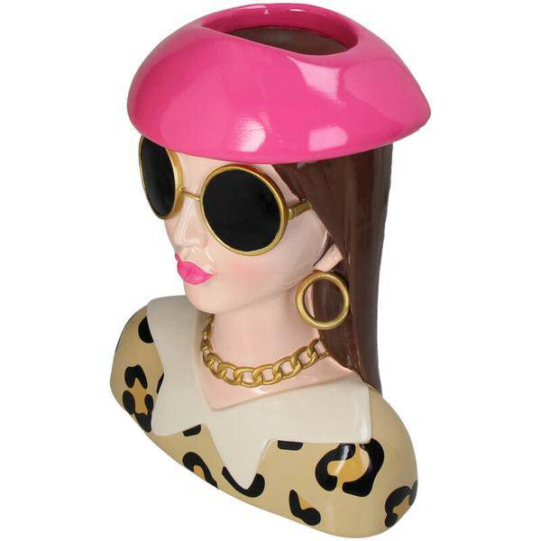 Vase Fashion Lady 'Sommer' – Dekorative Kopf-Vase – Polyresin – Rosa Hut & Sonnenbrille – Höhe 29 cm – Künstlerisches Design für stilvolle Räume 