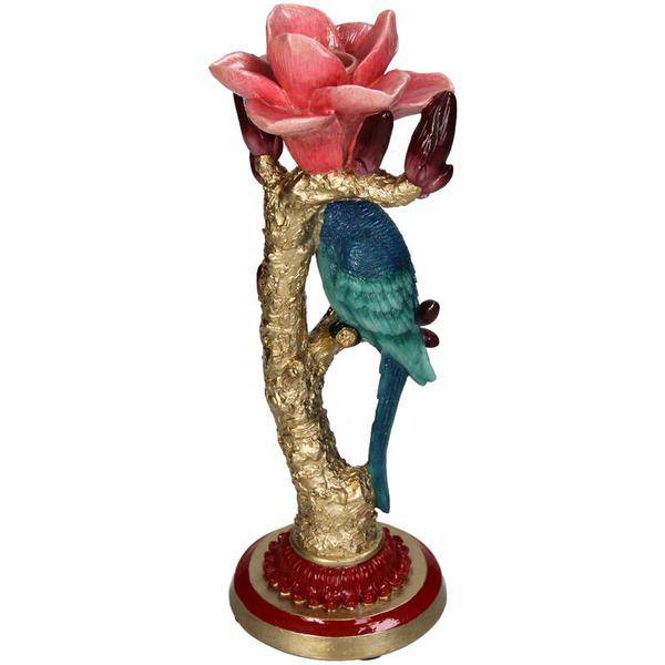 Kerzenständer aus Kunststein – Vogel & Blume – Kerzenhalter Polyresin – 27 cm – Dekorativer Kerzenständer mit blauem Vogel und roter Rose 
