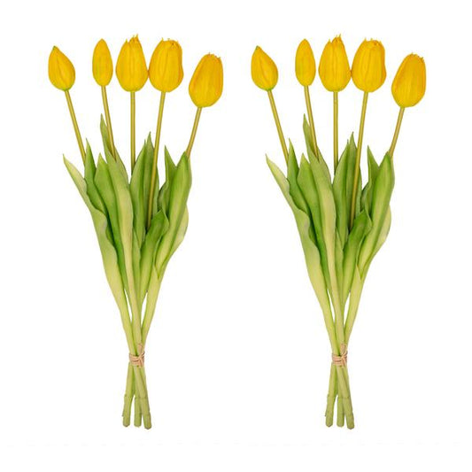 Vase Lady 'Kylie' + 10 Kunsttulpen Gelb – Steingutvase 27 cm – Dekorative Tulpen 42 cm – Elegante & fröhliche Wohnraumdekoration 