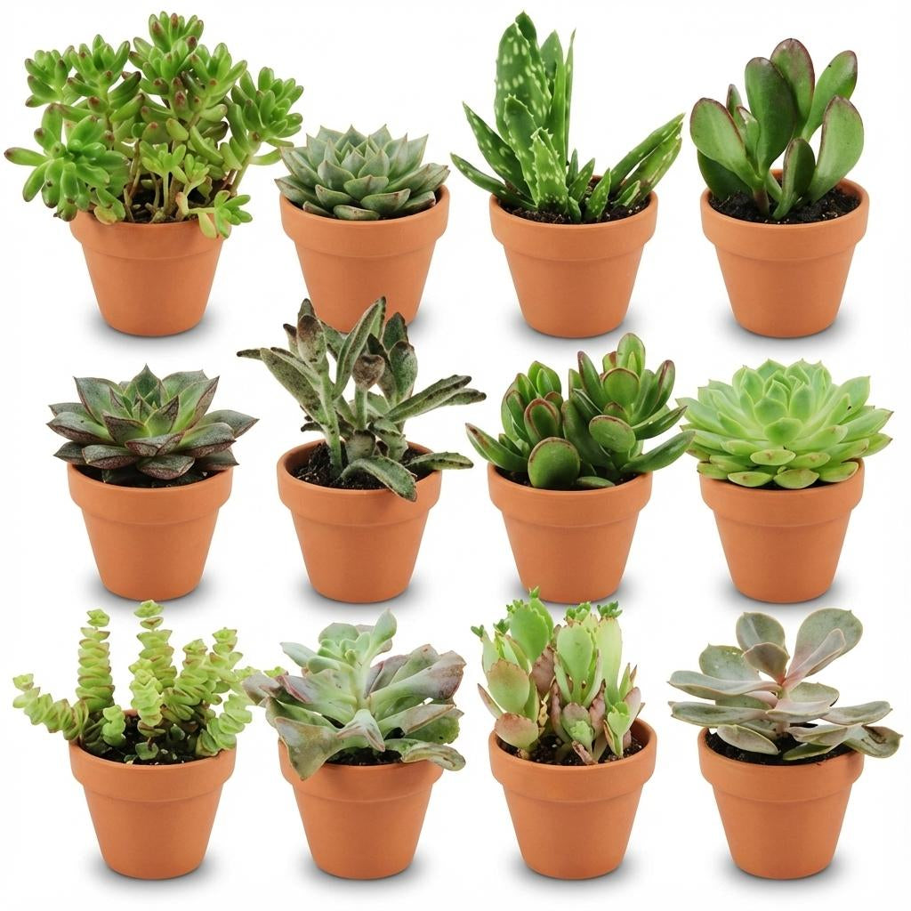 Mini Sukkulenten Mix – 12 Pflanzen – Ø8,1cm Terrakottatöpfe – Höhe 5–10cm – Pflegeleichte Zimmerpflanzen – Ideal für Fensterbank Büro & Wohnraum 