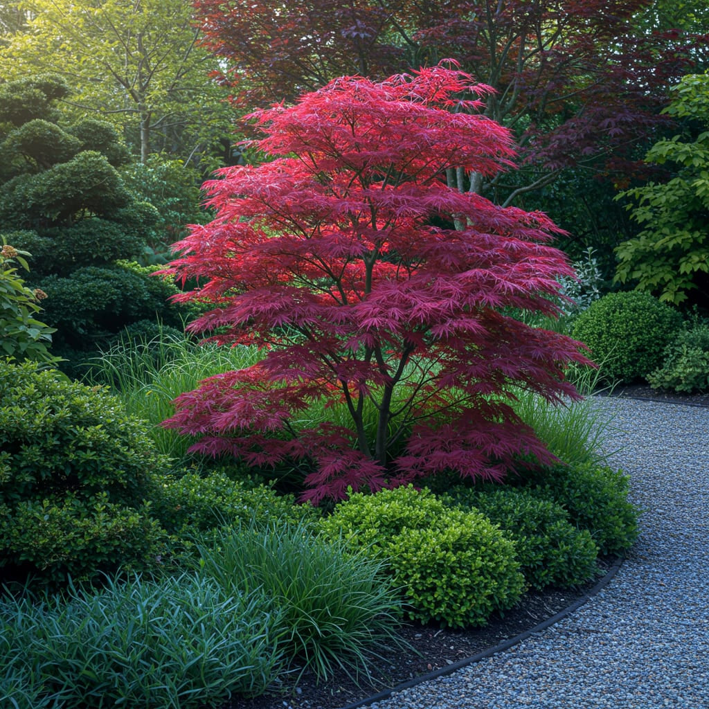 Japanischer Ahorn Acer palmatum Atropurpureum – Lila Balkonpflanze – Ø19cm – Höhe ca. 70cm – Kompakter Zierahorn mit tiefviolettem Laub 