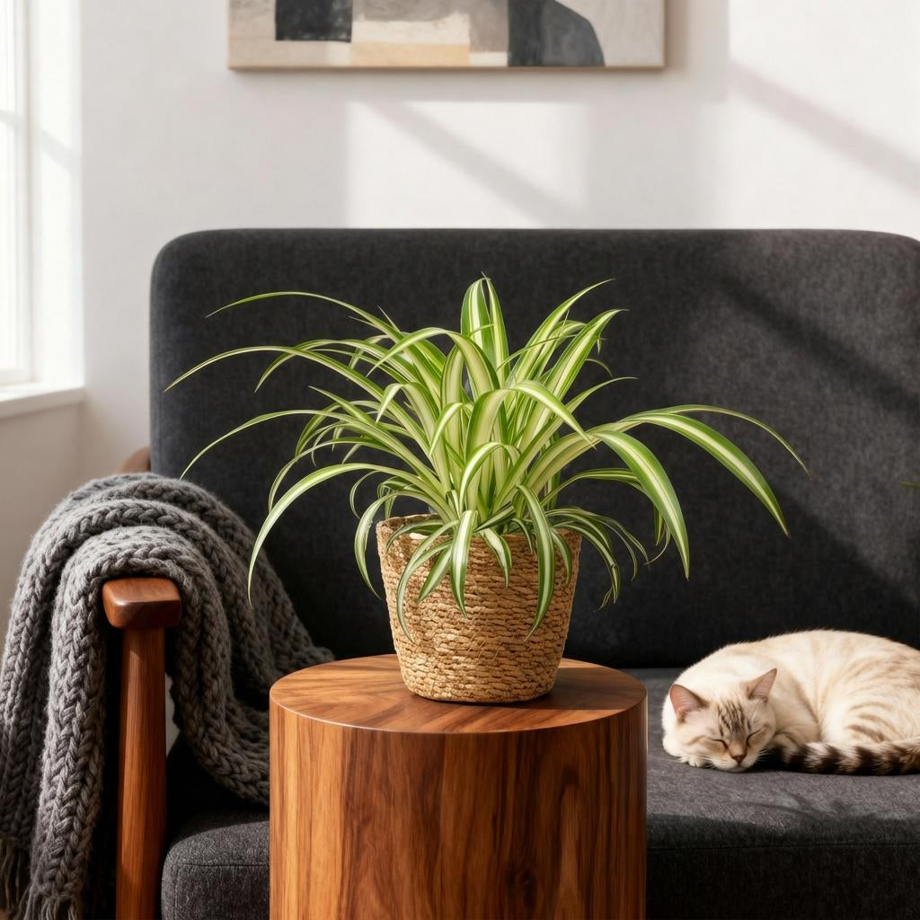 Green boutiQ - Zimmerpflanze - Chlorophytum comosum Variegatum - Bunte Graslilie - Haustierfreundliche Pflanze - Grün - 2 Pflanzen - mit Korb - Topf 12cm - Höhe 20cm 