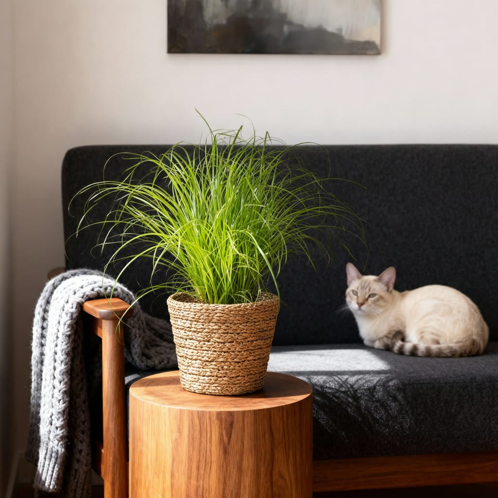 Green boutiQ - Zimmerpflanze - Cyperus alternifolius Zumula - Katzenpflanze - Haustierfreundliche Pflanze - Grün - 1 Pflanze - mit Korb - Topf 12cm - Höhe 20cm 