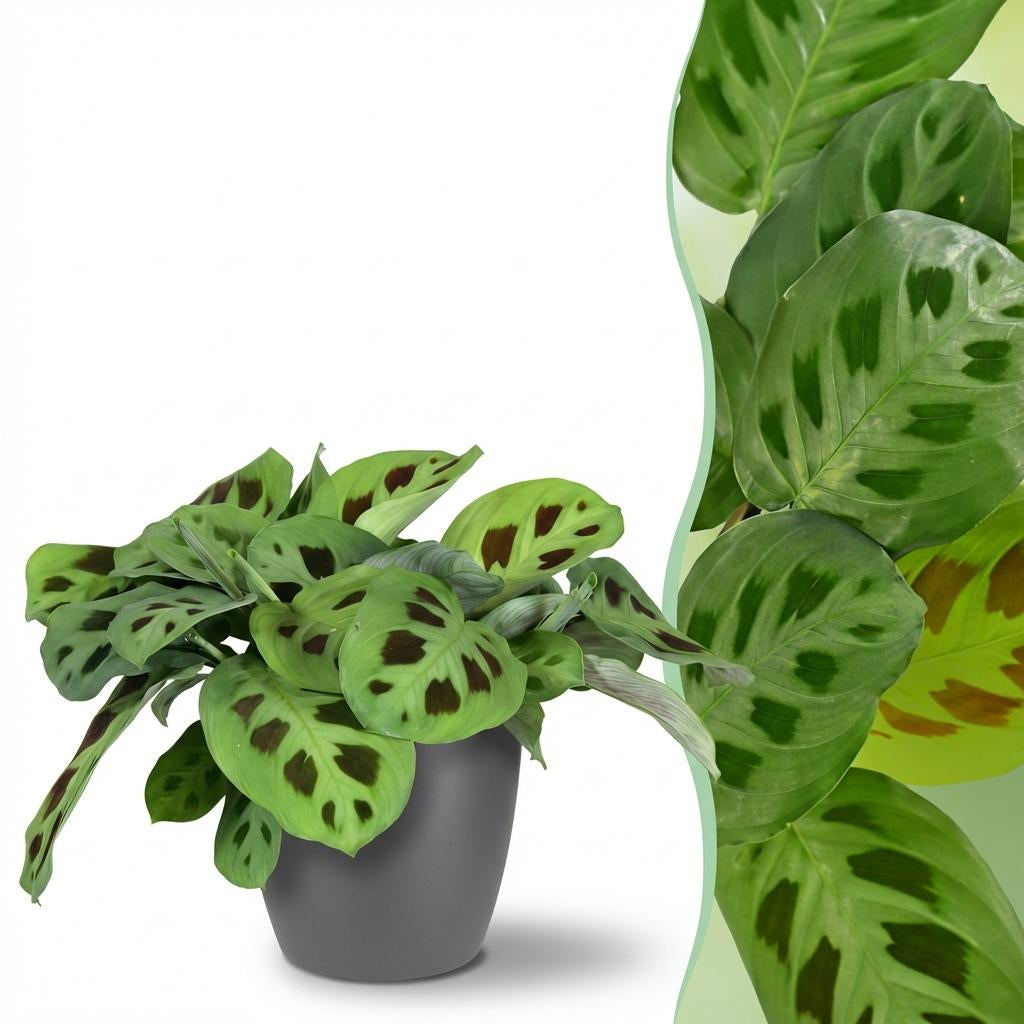 Green boutiQ - Zimmerpflanze - Maranta Fascinator Kerchoveana - Zebrapflanze - Haustierfreundliche Pflanze - Grün - 1 Pflanze - mit Potter Grau - Topf 12cm - Höhe 25cm 